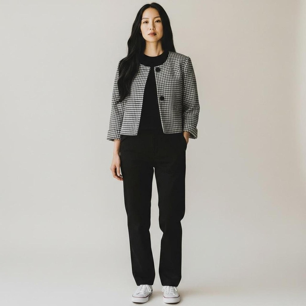 Larry Levine Women's Black White Houndstooth Cropped Jacket Blazer